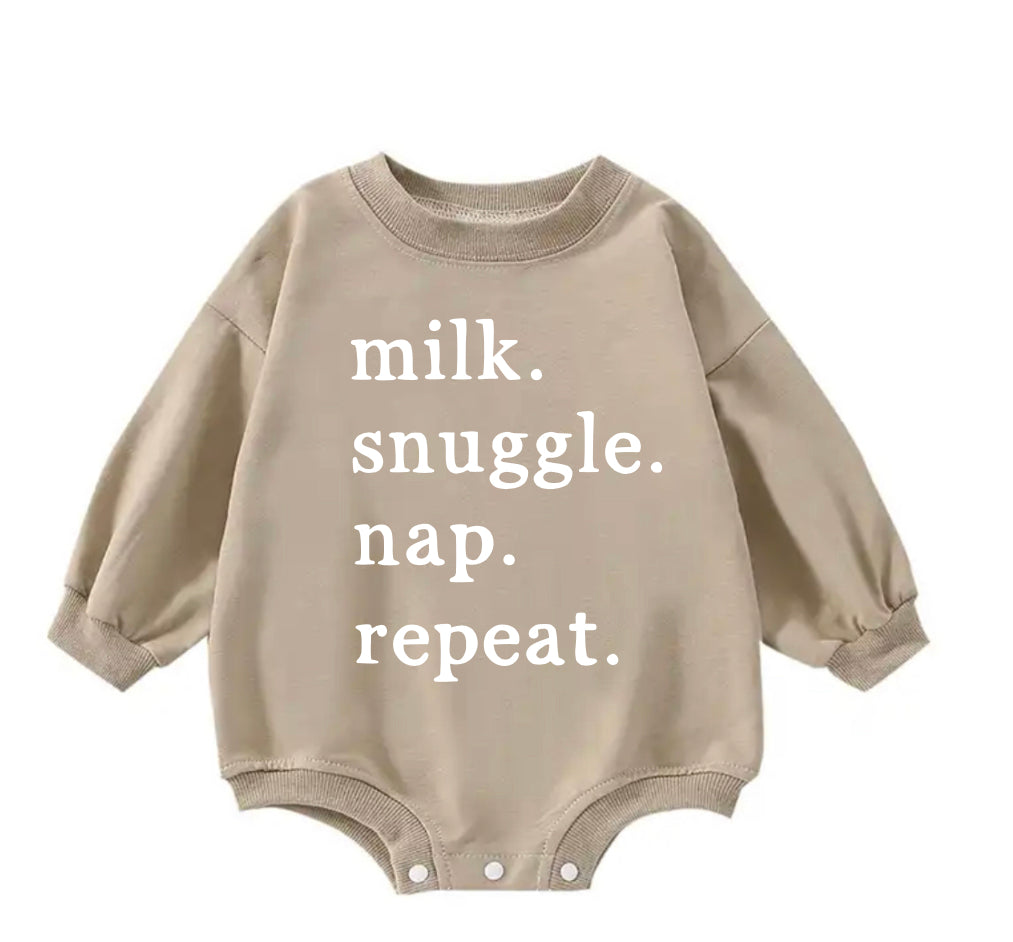 Milk snuggles nap repeat sweatshirt romper