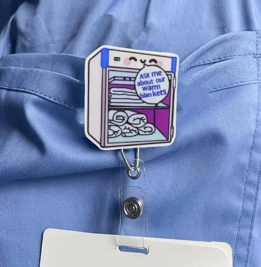 Ask me about our warm blankets Badge reel